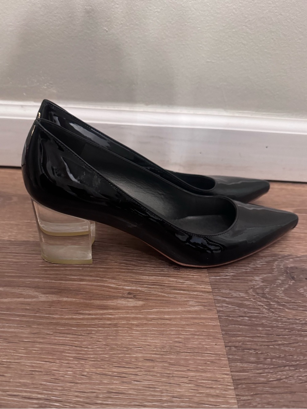 Vintage Stuart Weitzman Black Patent Pointed Pumps with Lucite Block Heel